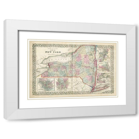 Johnsons Map of New York White Modern Wood Framed Art Print with Double Matting by Johnson