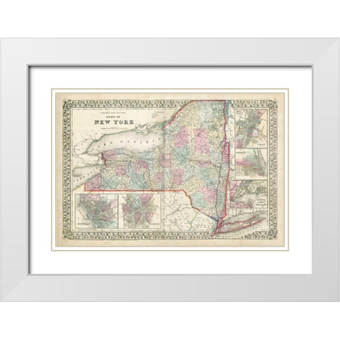 Johnsons Map of New York White Modern Wood Framed Art Print with Double Matting by Johnson