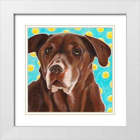 Dlynns Dogs - Get Your Ball White Modern Wood Framed Art Print with Double Matting by Roll, Dylnn