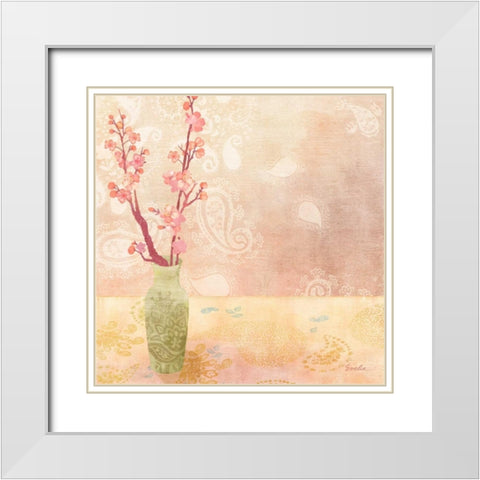 Vase of Cherry Blossoms I White Modern Wood Framed Art Print with Double Matting by Evelia Designs