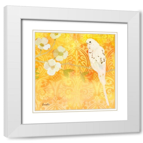 Budgie and Cartouche I White Modern Wood Framed Art Print with Double Matting by Evelia Designs