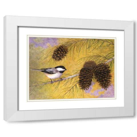 Chickadee in the Pines I White Modern Wood Framed Art Print with Double Matting by Matcham, Marcia