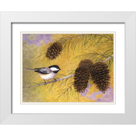 Chickadee in the Pines I White Modern Wood Framed Art Print with Double Matting by Matcham, Marcia