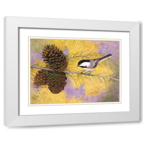Chickadee in the Pines II White Modern Wood Framed Art Print with Double Matting by Matcham, Marcia