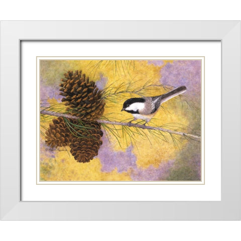 Chickadee in the Pines II White Modern Wood Framed Art Print with Double Matting by Matcham, Marcia