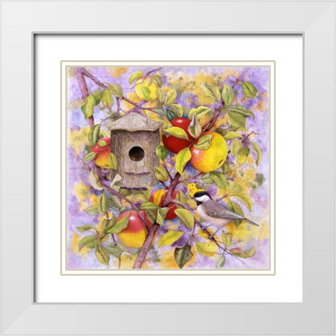 Chickadee and Apples White Modern Wood Framed Art Print with Double Matting by Matcham, Marcia
