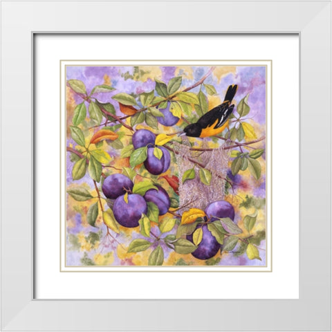 Oriole and Plums White Modern Wood Framed Art Print with Double Matting by Matcham, Marcia