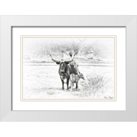 Longhorn and Baby White Modern Wood Framed Art Print with Double Matting by Drost, David