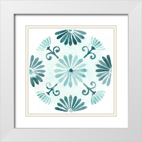 Aqua Medallions I White Modern Wood Framed Art Print with Double Matting by Vess, June Erica