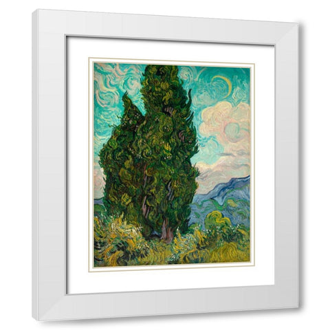 Cypresses I White Modern Wood Framed Art Print with Double Matting by Van Gogh, Vincent