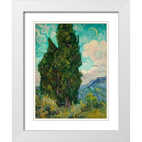 Cypresses I White Modern Wood Framed Art Print with Double Matting by Van Gogh, Vincent