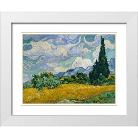 Cypresses II White Modern Wood Framed Art Print with Double Matting by Van Gogh, Vincent