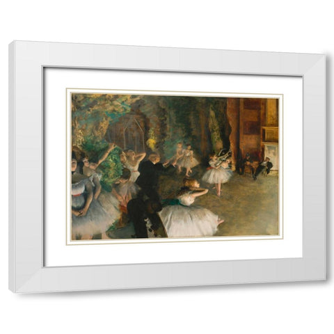The Rehearsal of the Ballet Onstage White Modern Wood Framed Art Print with Double Matting by Degas, Edgar