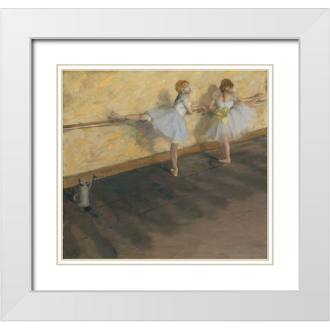 Dancers Practicing at the Barre White Modern Wood Framed Art Print with Double Matting by Degas, Edgar