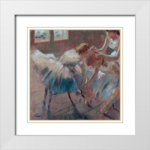Three Dancers Preparing for Class White Modern Wood Framed Art Print with Double Matting by Degas, Edgar