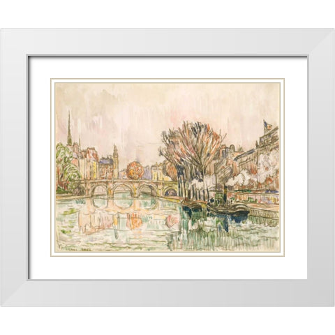The Pont Neuf, Paris White Modern Wood Framed Art Print with Double Matting by Signac, Paul