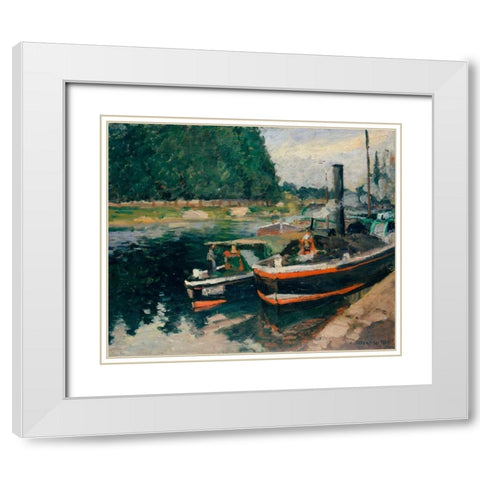 Barges at Pontoise White Modern Wood Framed Art Print with Double Matting by Pissarro, Camille