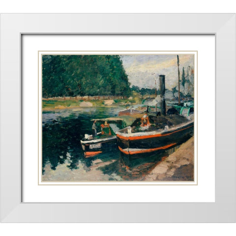 Barges at Pontoise White Modern Wood Framed Art Print with Double Matting by Pissarro, Camille
