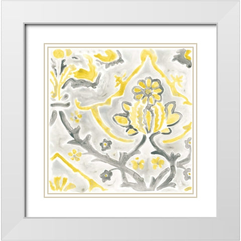 Citron Damask Tile I White Modern Wood Framed Art Print with Double Matting by Vess, June Erica