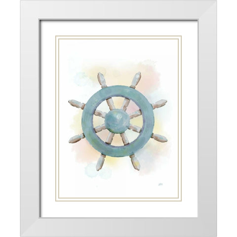 Watercolor Ships Wheel White Modern Wood Framed Art Print with Double Matting by Reynolds, Jade