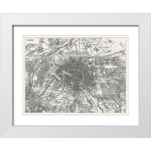 Custom B and W Map of Paris White Modern Wood Framed Art Print with Double Matting by Vision Studio