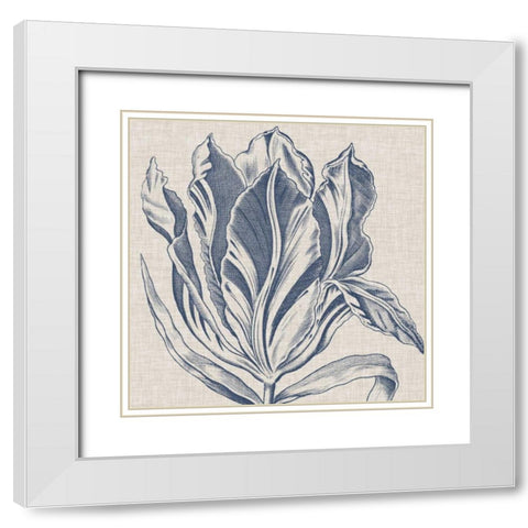 Indigo Floral on Linen I White Modern Wood Framed Art Print with Double Matting by Vision Studio