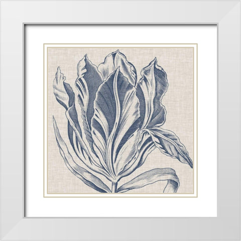 Indigo Floral on Linen I White Modern Wood Framed Art Print with Double Matting by Vision Studio