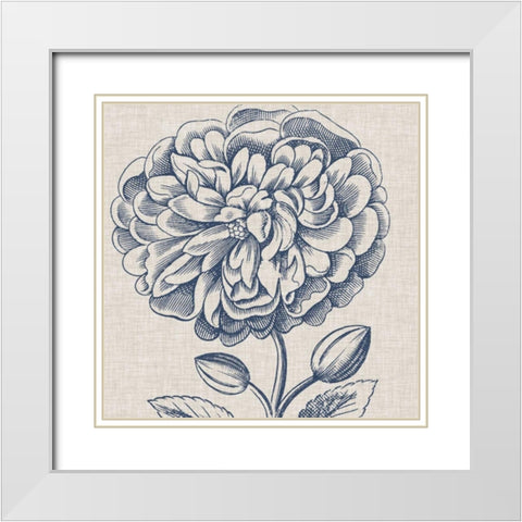Indigo Floral on Linen III White Modern Wood Framed Art Print with Double Matting by Vision Studio