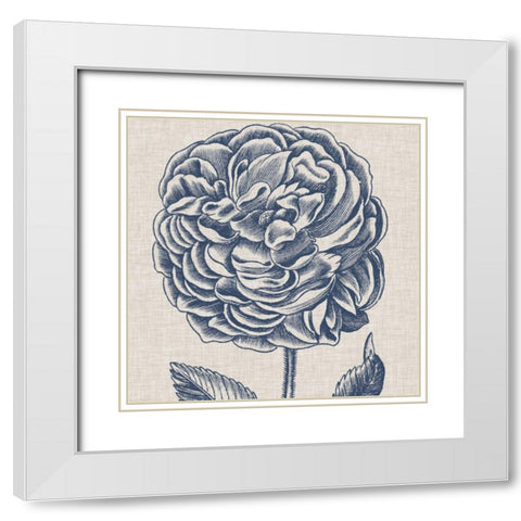 Indigo Floral on Linen V White Modern Wood Framed Art Print with Double Matting by Vision Studio