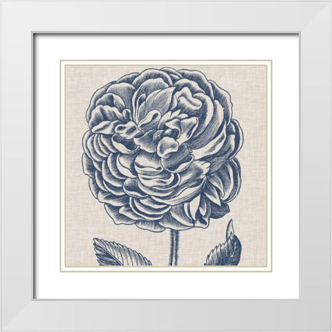 Indigo Floral on Linen V White Modern Wood Framed Art Print with Double Matting by Vision Studio