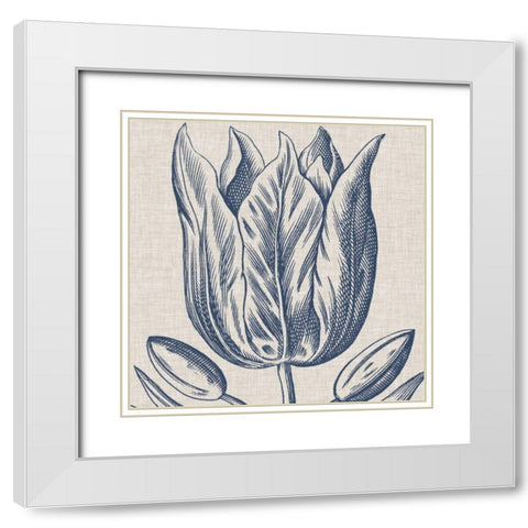 Indigo Floral on Linen VI White Modern Wood Framed Art Print with Double Matting by Vision Studio