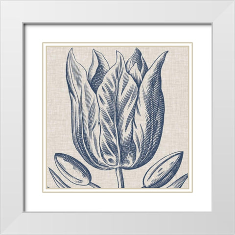 Indigo Floral on Linen VI White Modern Wood Framed Art Print with Double Matting by Vision Studio