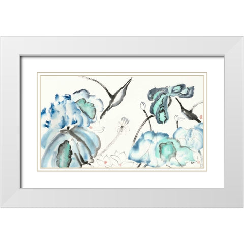 Lotus Study with Blue Green III White Modern Wood Framed Art Print with Double Matting by Rae, Nan