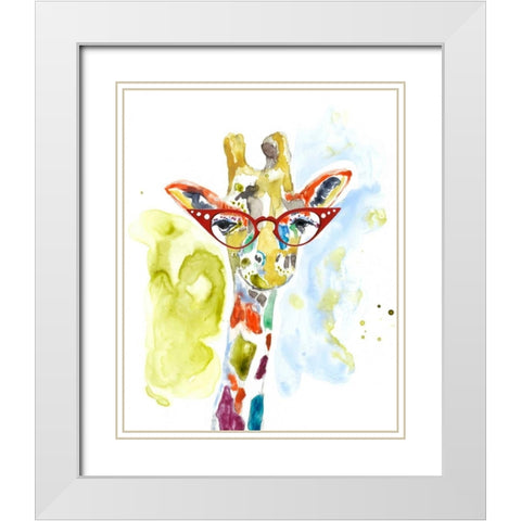 Smarty-Pants Giraffe White Modern Wood Framed Art Print with Double Matting by Goldberger, Jennifer