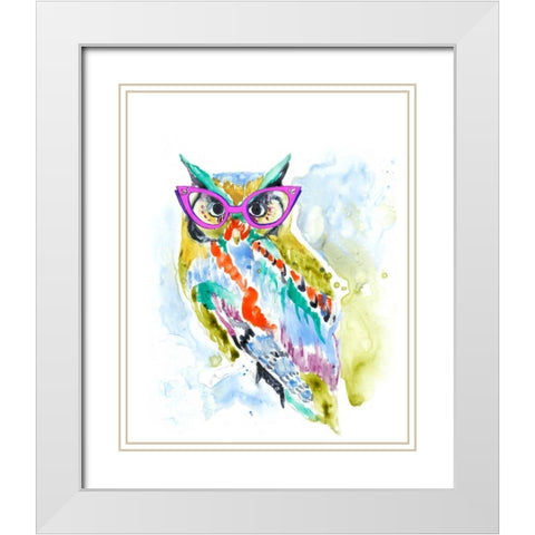 Smarty-Pants Owl White Modern Wood Framed Art Print with Double Matting by Goldberger, Jennifer