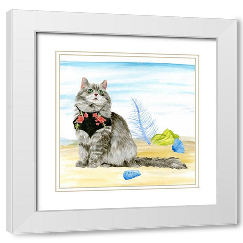 Summer Purr Party III White Modern Wood Framed Art Print with Double Matting by Wang, Melissa