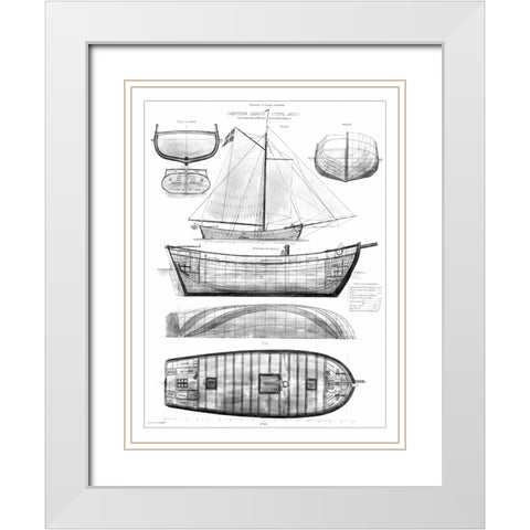 Custom Antique Ship Blueprint in BW II White Modern Wood Framed Art Print with Double Matting by Vision Studio