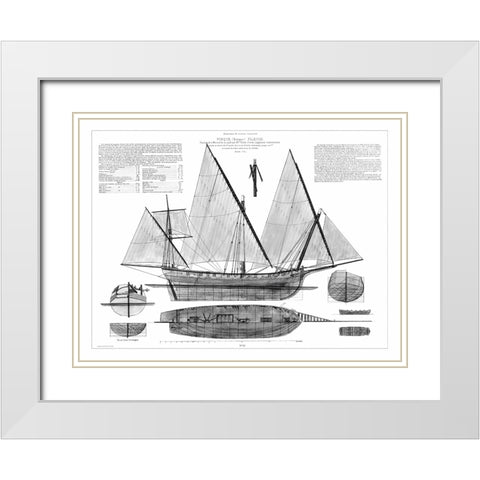 Custom Antique Ship Blueprint in BW III White Modern Wood Framed Art Print with Double Matting by Vision Studio