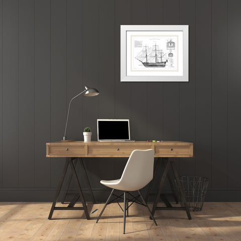 Custom Antique Ship Blueprint in BW IV White Modern Wood Framed Art Print with Double Matting by Vision Studio