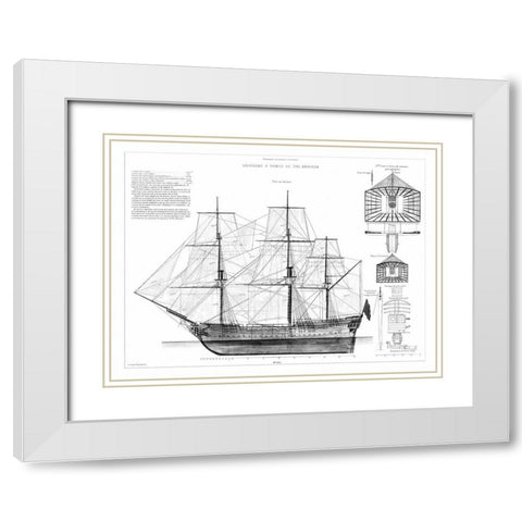 Custom Antique Ship Blueprint in BW IV White Modern Wood Framed Art Print with Double Matting by Vision Studio