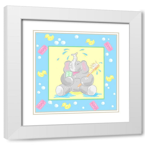 Baby Elephant Bath II White Modern Wood Framed Art Print with Double Matting by Reynolds, Jade