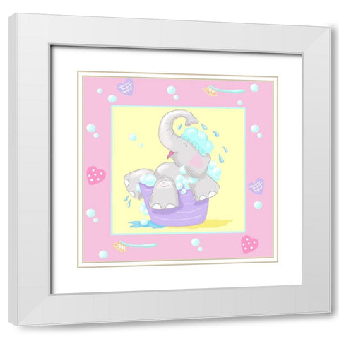 Baby Elephant Bath III White Modern Wood Framed Art Print with Double Matting by Reynolds, Jade