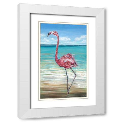 Beach Walker Flamingo II White Modern Wood Framed Art Print with Double Matting by Vitaletti, Carolee