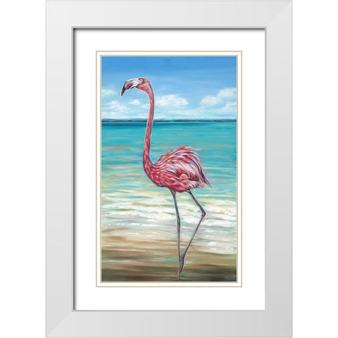 Beach Walker Flamingo II White Modern Wood Framed Art Print with Double Matting by Vitaletti, Carolee