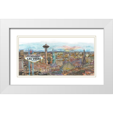 Vegas Skyline in Color White Modern Wood Framed Art Print with Double Matting by Wang, Melissa