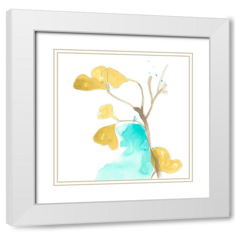 Teal and Ochre Ginko IX White Modern Wood Framed Art Print with Double Matting by Vess, June Erica
