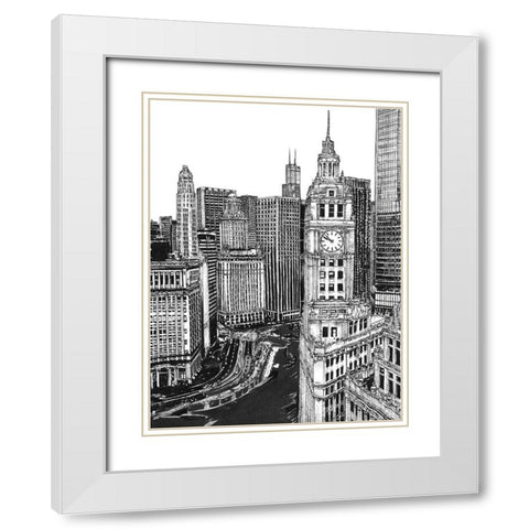 BandW Us Cityscape-Chicago White Modern Wood Framed Art Print with Double Matting by Wang, Melissa