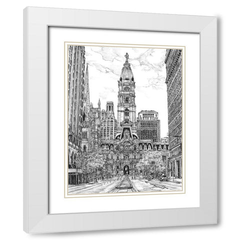 BandW Us Cityscape-Philadelphia White Modern Wood Framed Art Print with Double Matting by Wang, Melissa