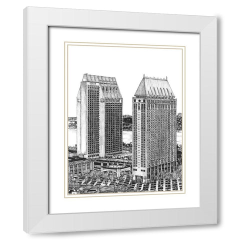 BandW Us Cityscape-San Diego White Modern Wood Framed Art Print with Double Matting by Wang, Melissa