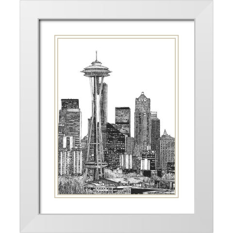 BandW Us Cityscape-Seattle White Modern Wood Framed Art Print with Double Matting by Wang, Melissa